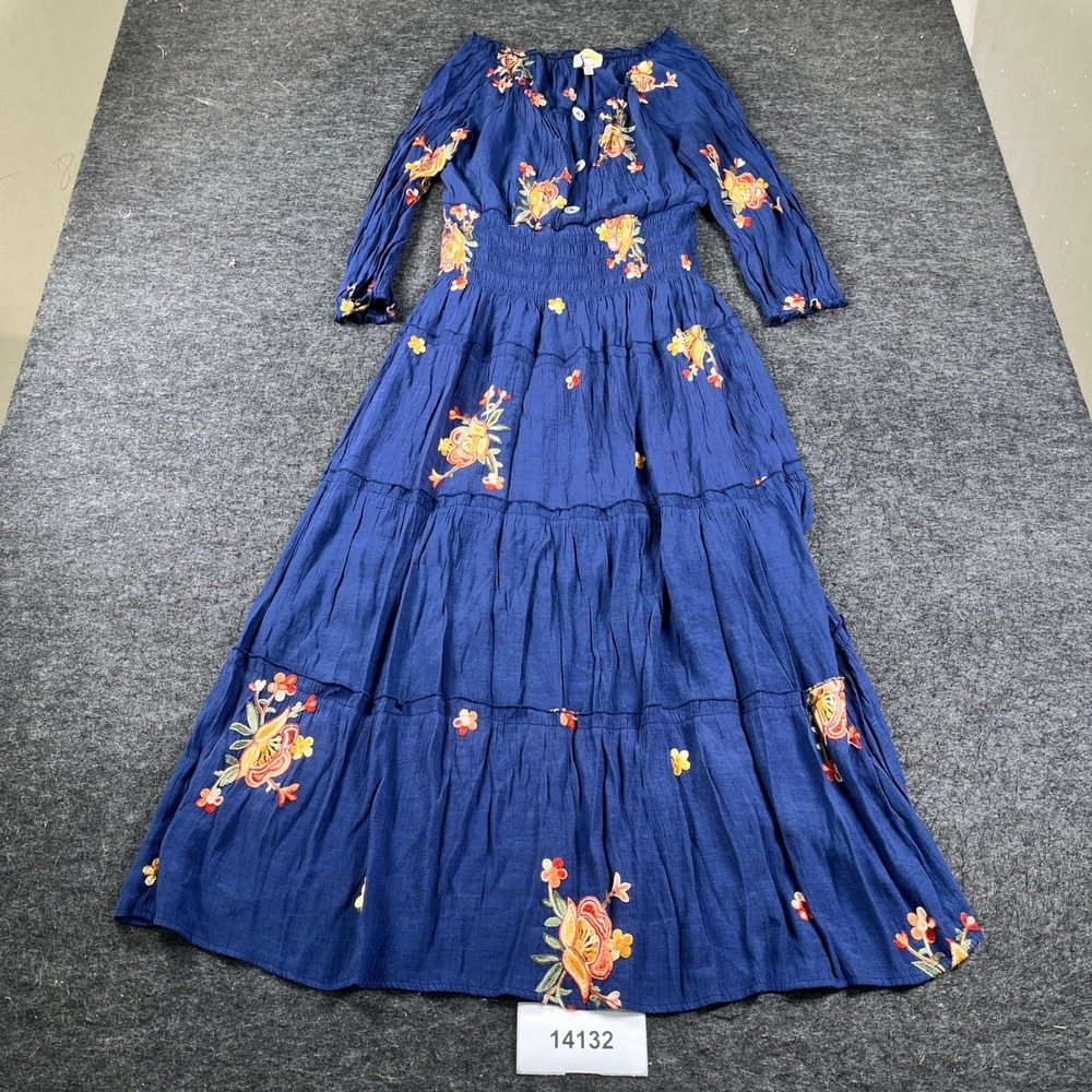 Fig & Flower Maxi Dress Womens Large Navy Blue Floral Embroidered Cinched Waist